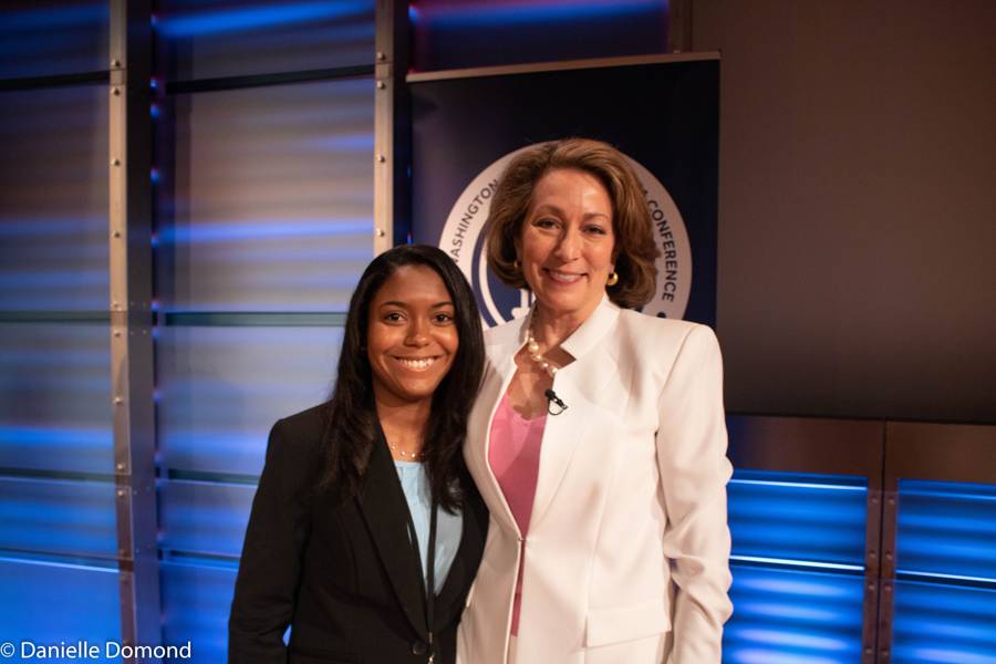 Danielle with Susan Goldberg in a television studio